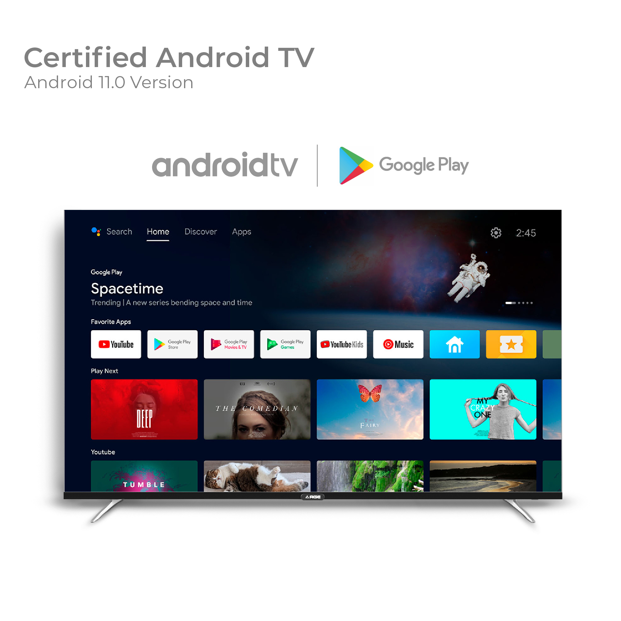 AGE 138 cm (55 inch) Ultra HD (4K) LED Smart Android TV with Certified Android TV, Chromecast Built-In, Voice Search Enabled Remote, Android 11.0, HDR 10, Ultra Slim body, Netflix, Hotstar, Amazon Prime (PRO 55 UHD VC)