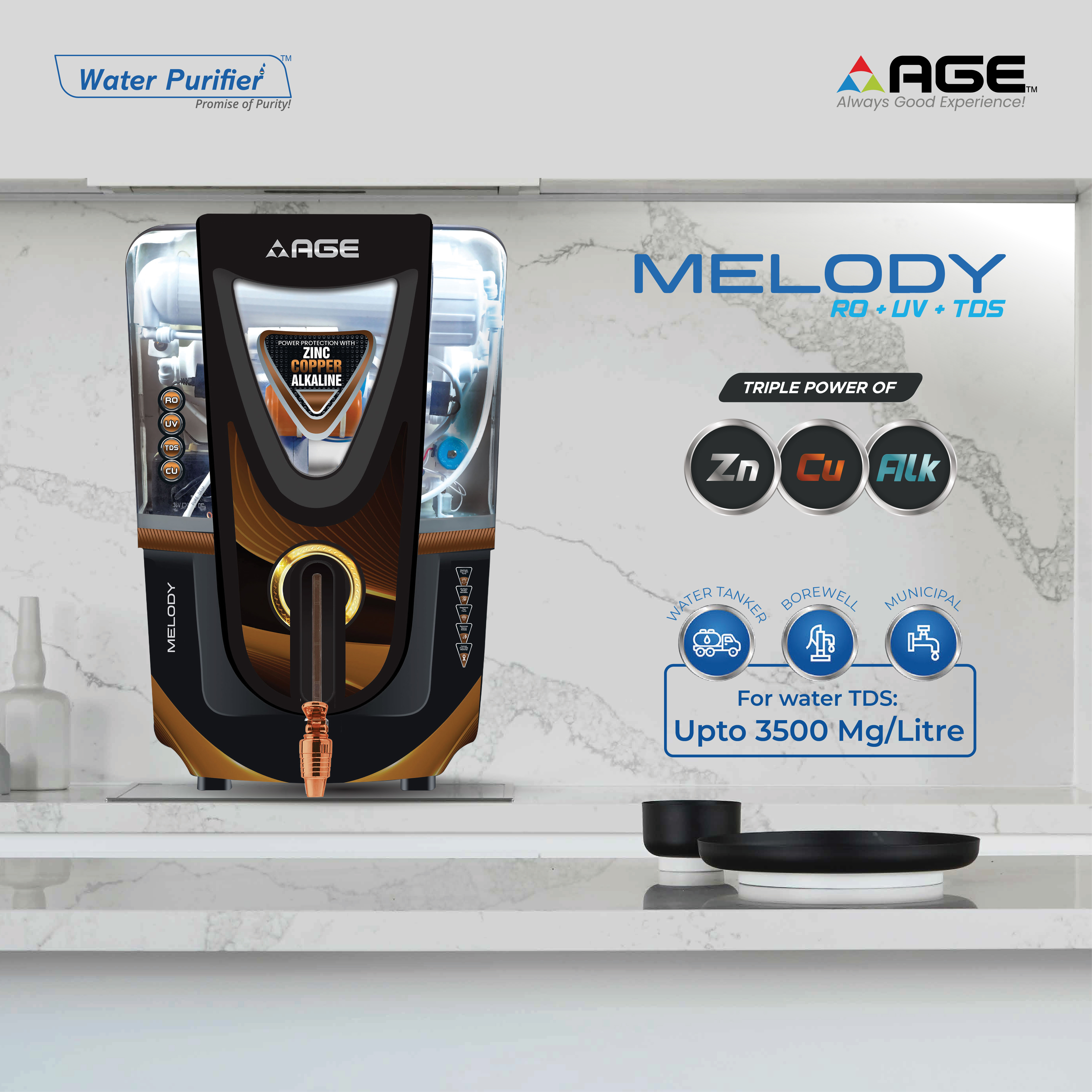 AGE Melody 12 L RO + UV + Copper Water Purifier (Black)
