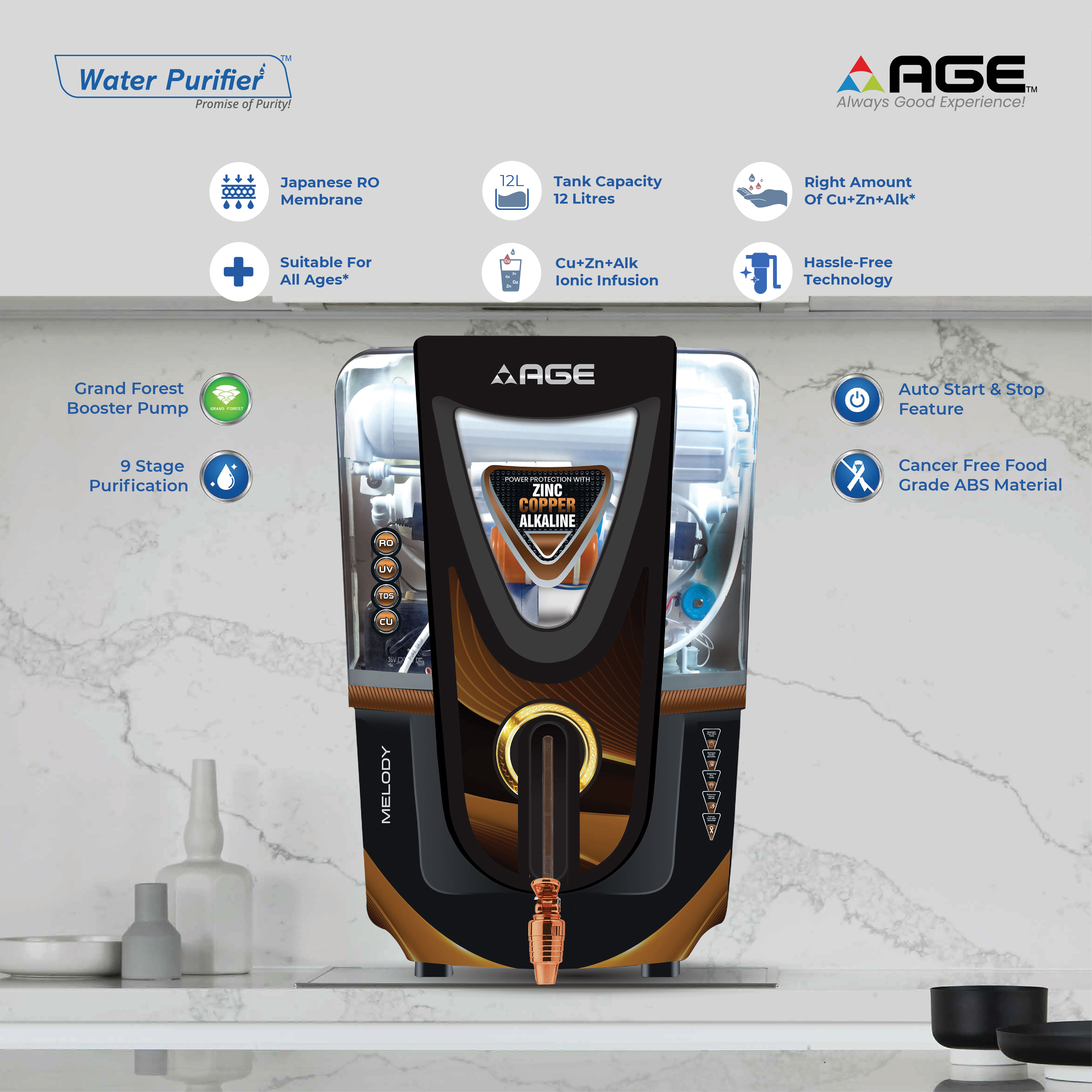 AGE Melody 12 L RO + UV + Copper Water Purifier (Black)